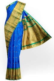 Gadwal pure silk saree in  blue with  peacock & floral motif in gold & silver.