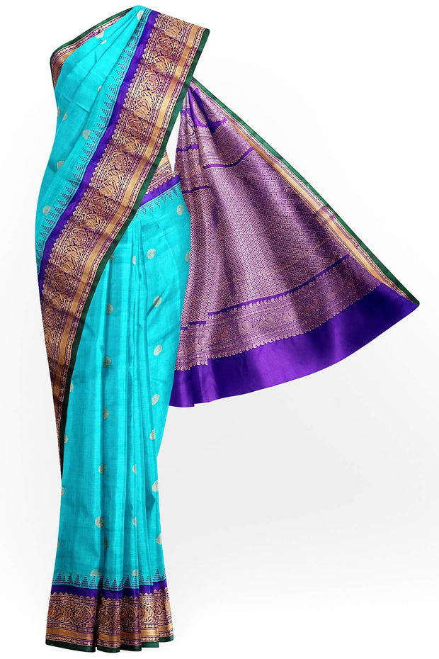 Gadwal pure silk saree  in pool blue in self checks