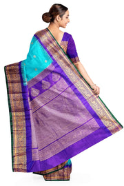 Gadwal pure silk saree  in pool blue in self checks