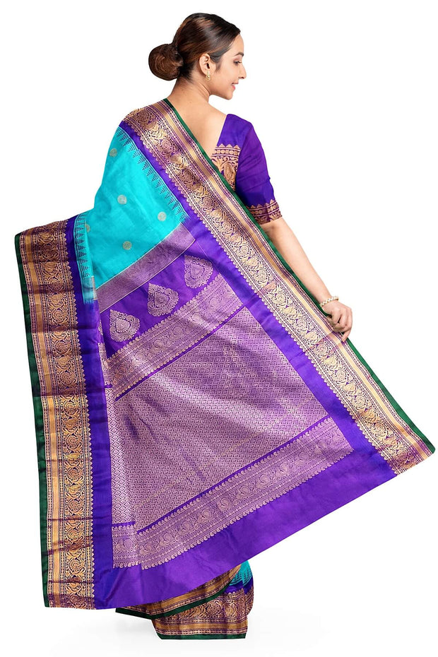 Gadwal pure silk saree  in pool blue in self checks