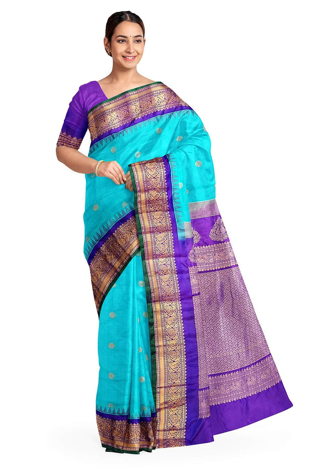 Gadwal pure silk saree  in pool blue in self checks