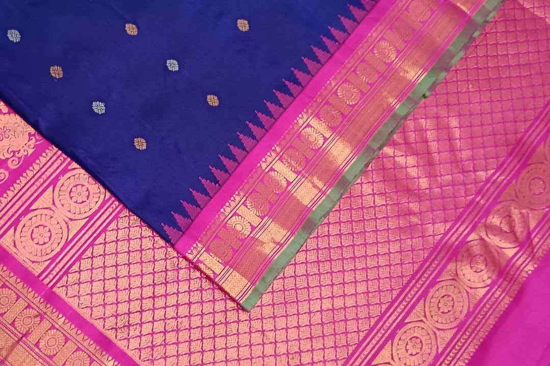 Handwoven Gadwal pure silk saree in royal blue with gold & silver buttis