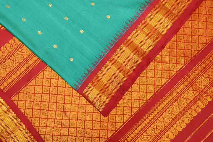 Gadwal pure silk saree in rama green with small buttis