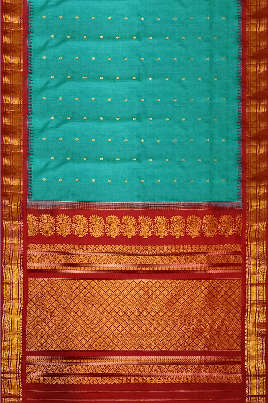 Gadwal pure silk saree in rama green with small buttis