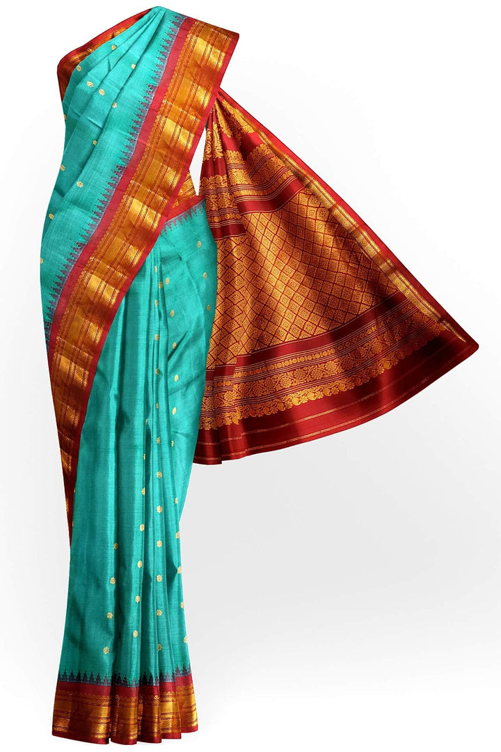 Gadwal pure silk saree in rama green with small buttis