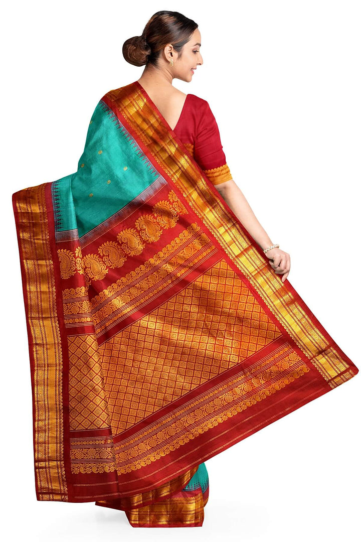 Gadwal pure silk saree in rama green with small buttis