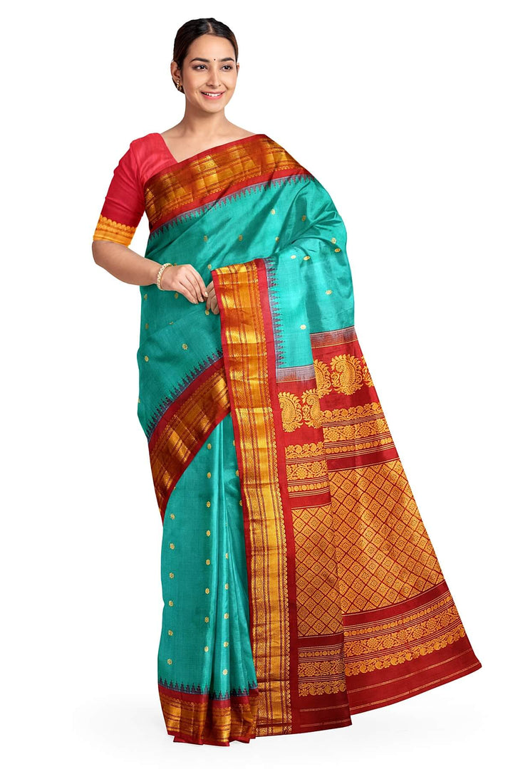 Gadwal pure silk saree in rama green with small buttis