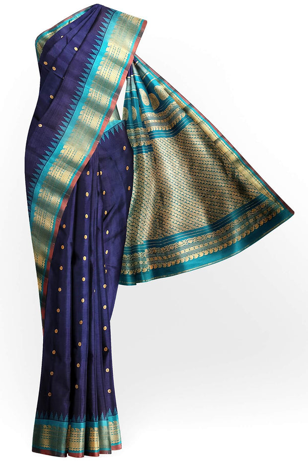 Gadwal pure silk saree in navy blue with small buttis