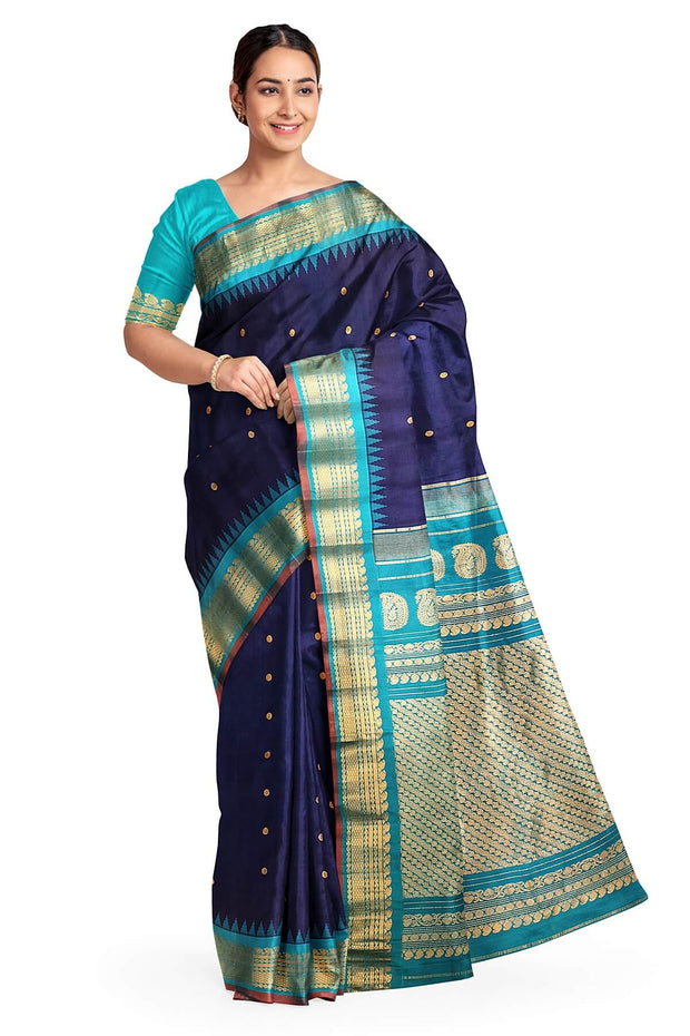 Gadwal pure silk saree in navy blue with small buttis