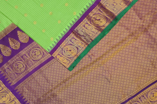 Gadwal pure silk saree in parrot green in fine checks