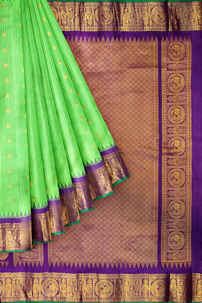Gadwal pure silk saree in parrot green in fine checks
