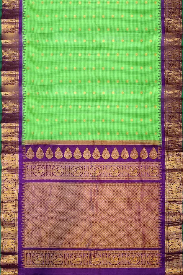 Gadwal pure silk saree in parrot green in fine checks