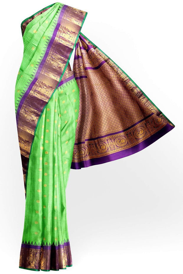 Gadwal pure silk saree in parrot green in fine checks