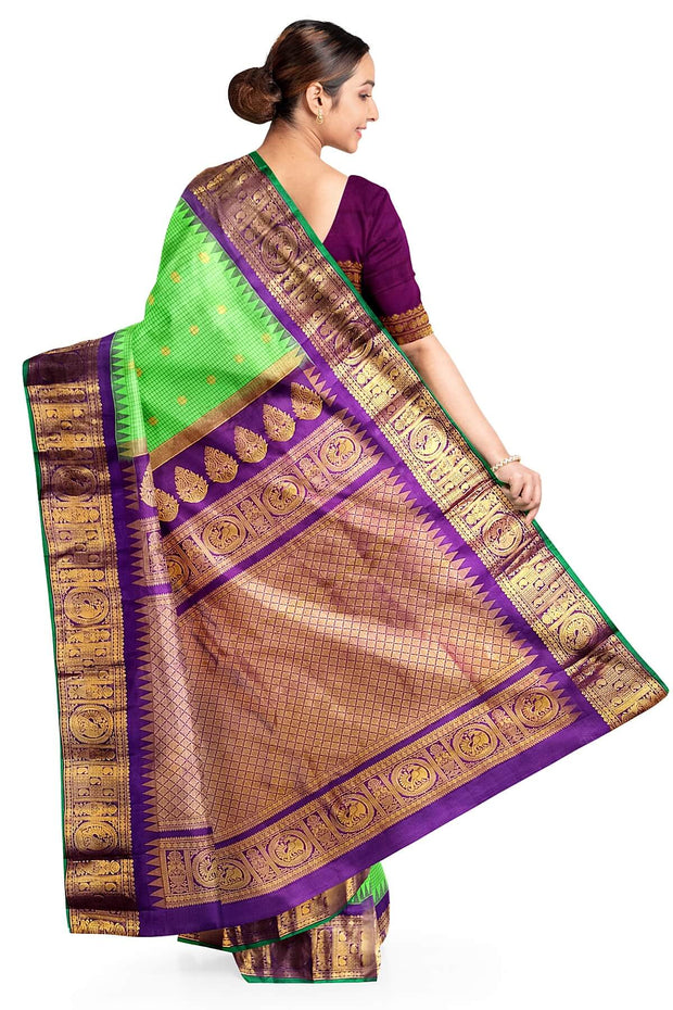 Gadwal pure silk saree in parrot green in fine checks