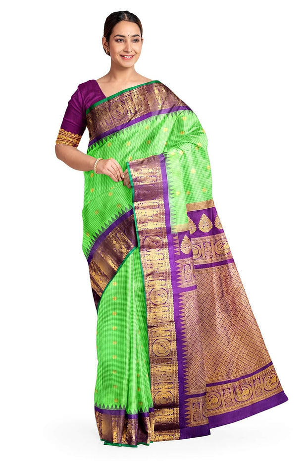 Gadwal pure silk saree in parrot green in fine checks