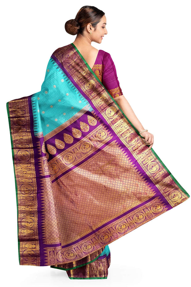Gadwal pure silk saree in electric blue in fine checks