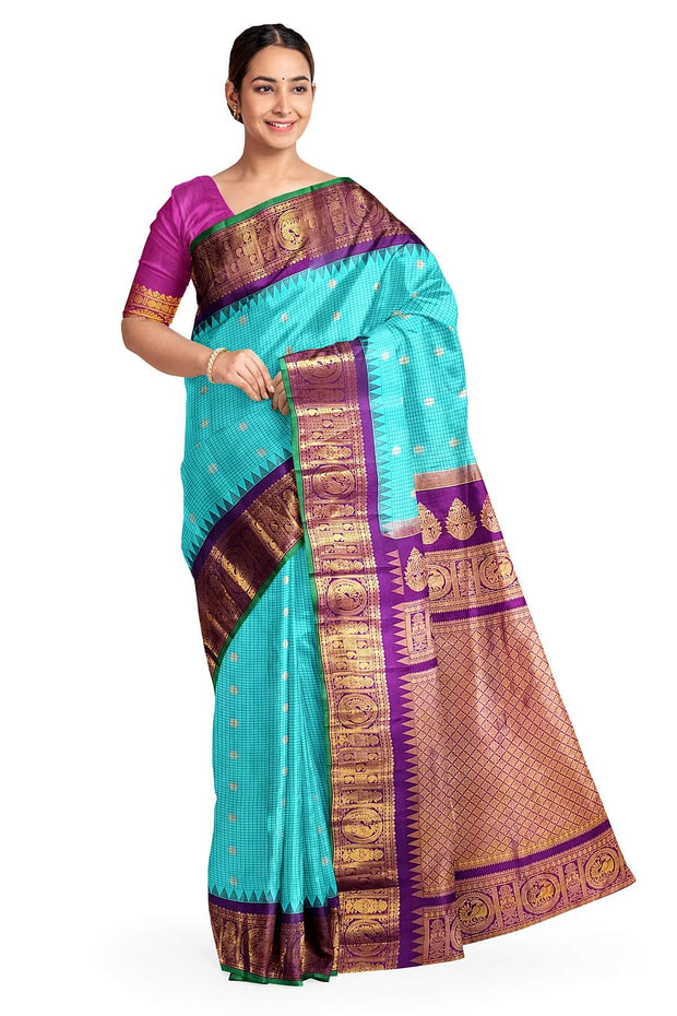 Gadwal pure silk saree in electric blue in fine checks