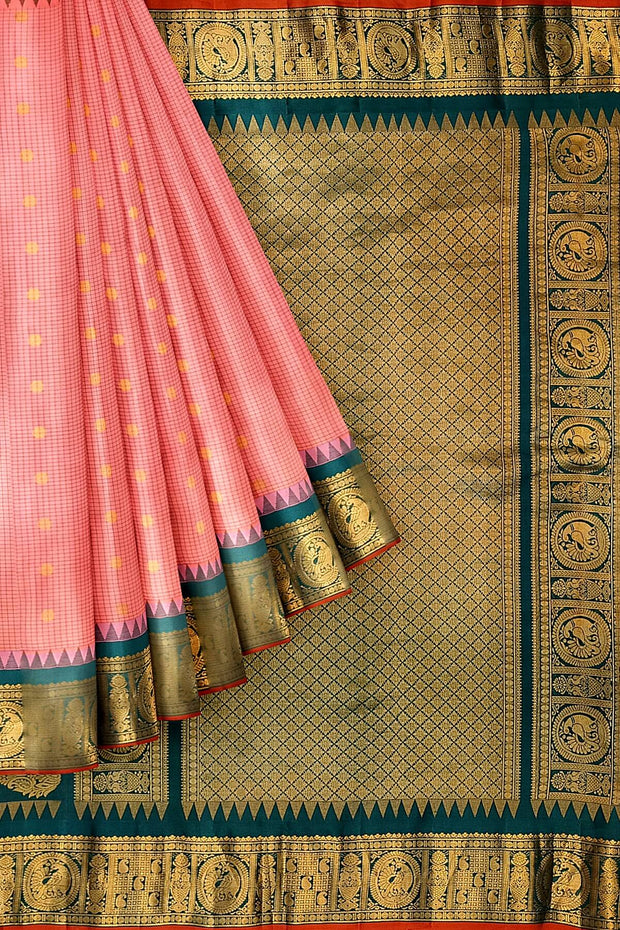 Gadwal pure silk saree in blush pink in fine checks