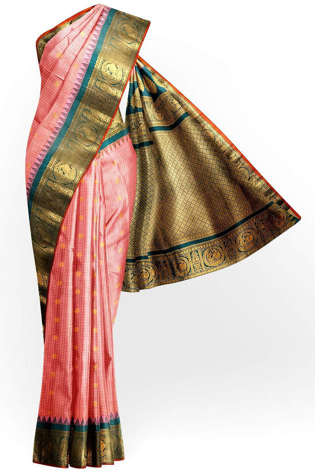Gadwal pure silk saree in blush pink in fine checks