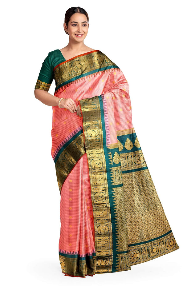 Gadwal pure silk saree in blush pink in fine checks