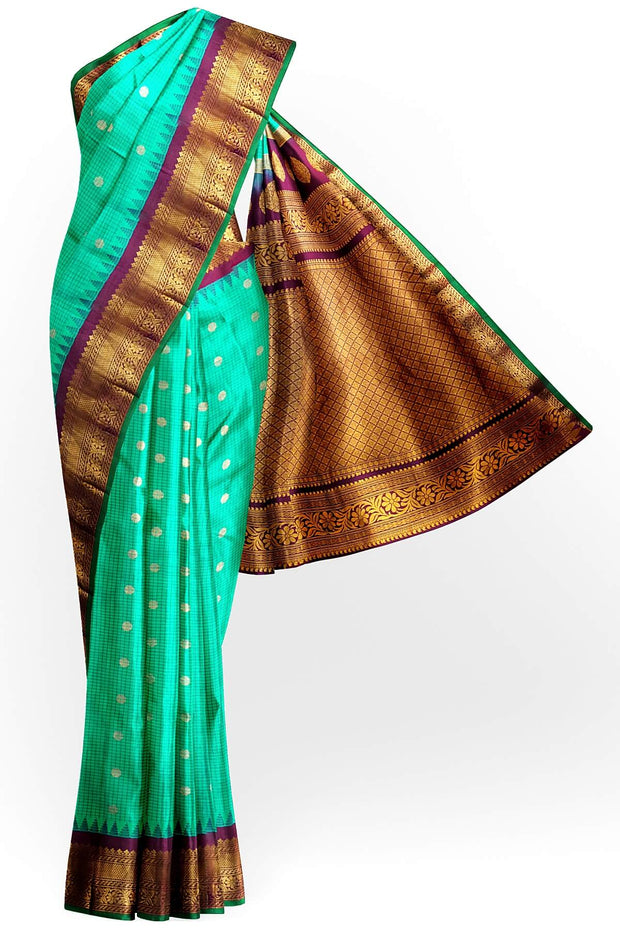Gadwal pure silk saree in copper sulphate blue in fine checks
