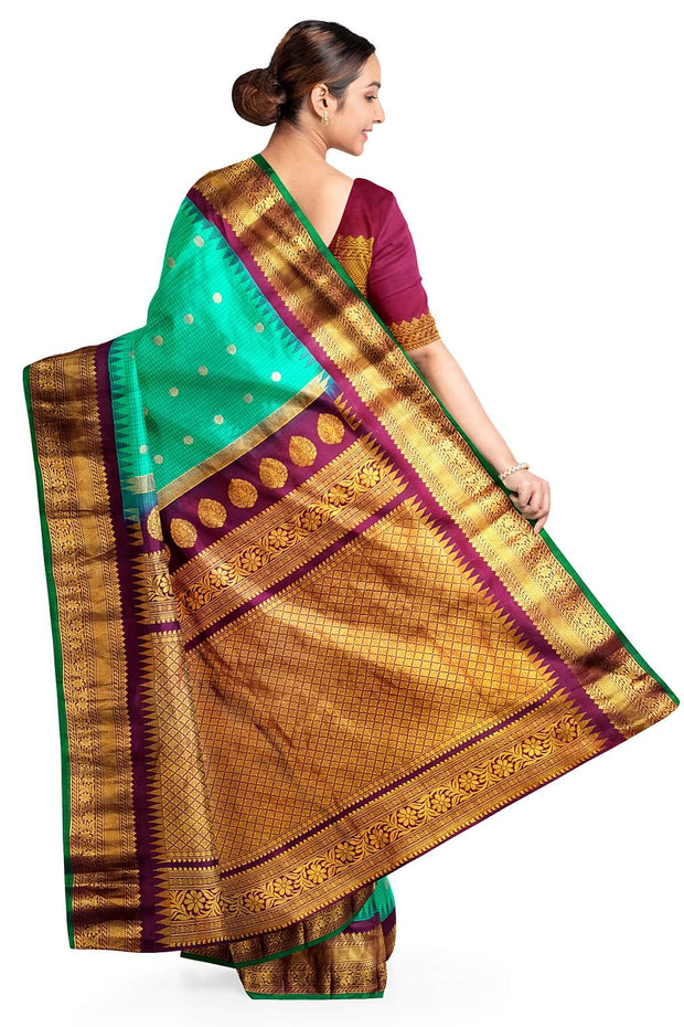 Gadwal pure silk saree in copper sulphate blue in fine checks