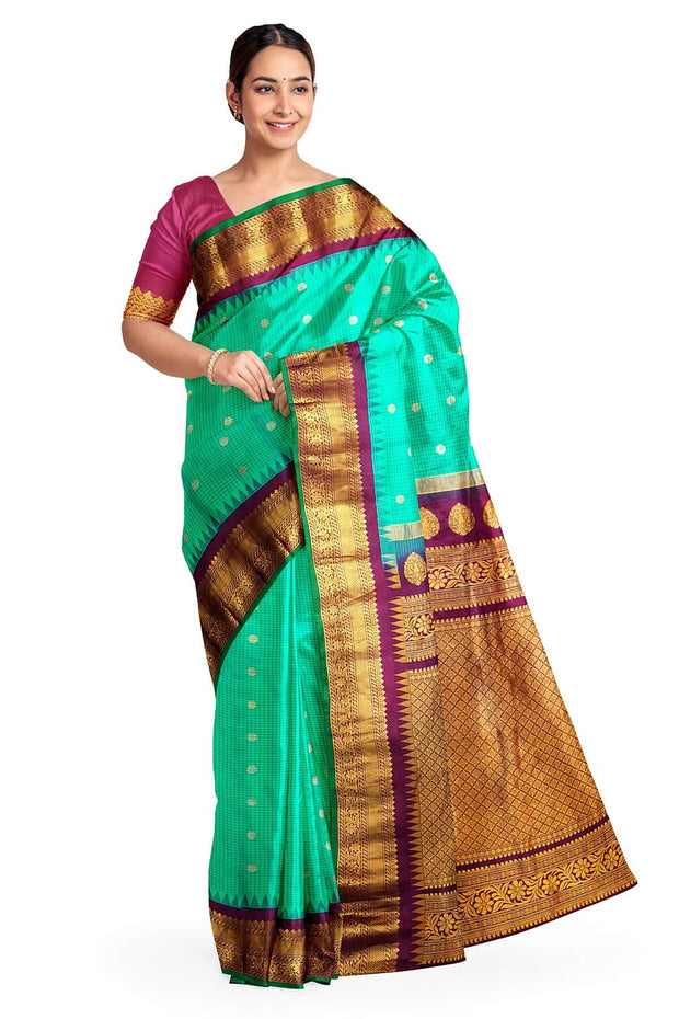 Gadwal pure silk saree in copper sulphate blue in fine checks