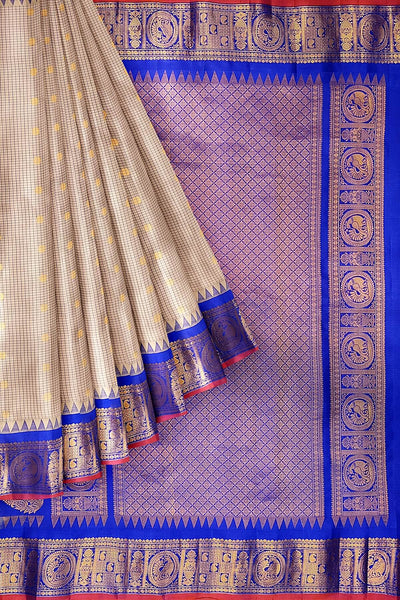 Gadwal pure silk saree in light chickoo in fine checks