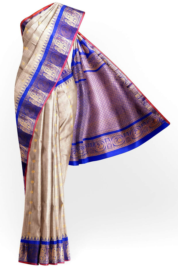 Gadwal pure silk saree in light chickoo in fine checks