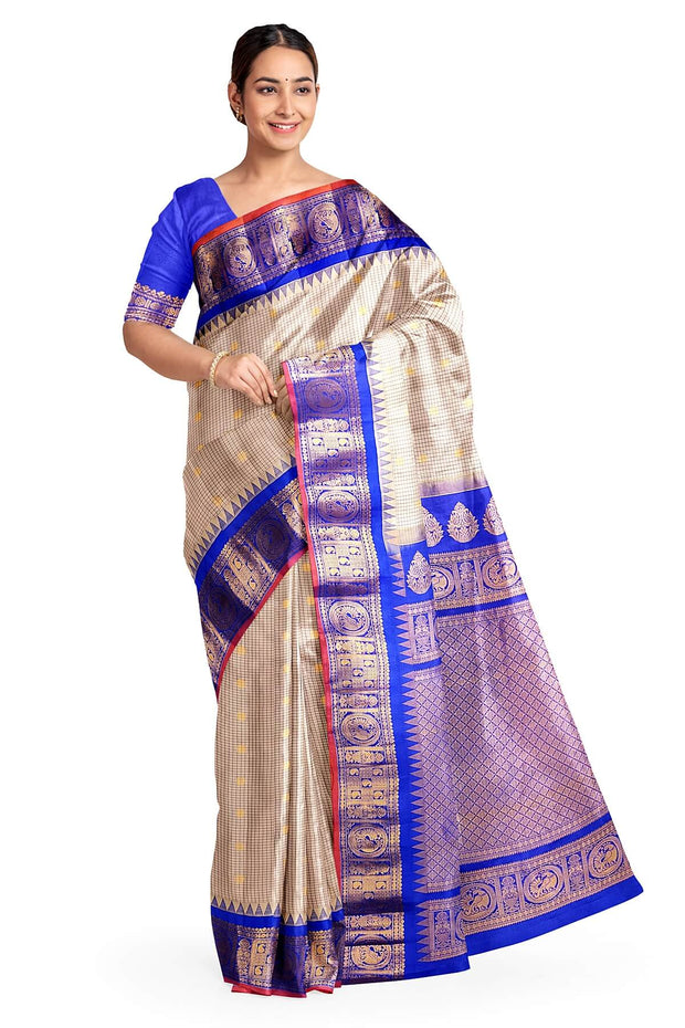 Gadwal pure silk saree in light chickoo in fine checks