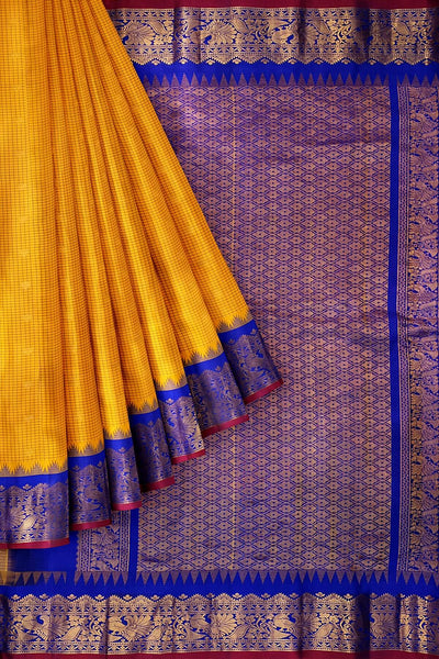 Gadwal pure silk saree in mango yellow in fine checks