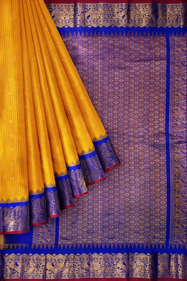 Gadwal pure silk saree in mango yellow in fine checks