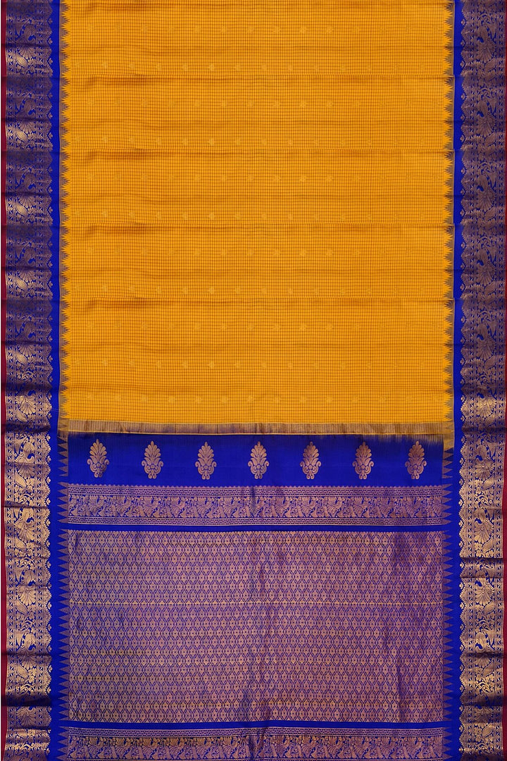 Gadwal pure silk saree in mango yellow in fine checks