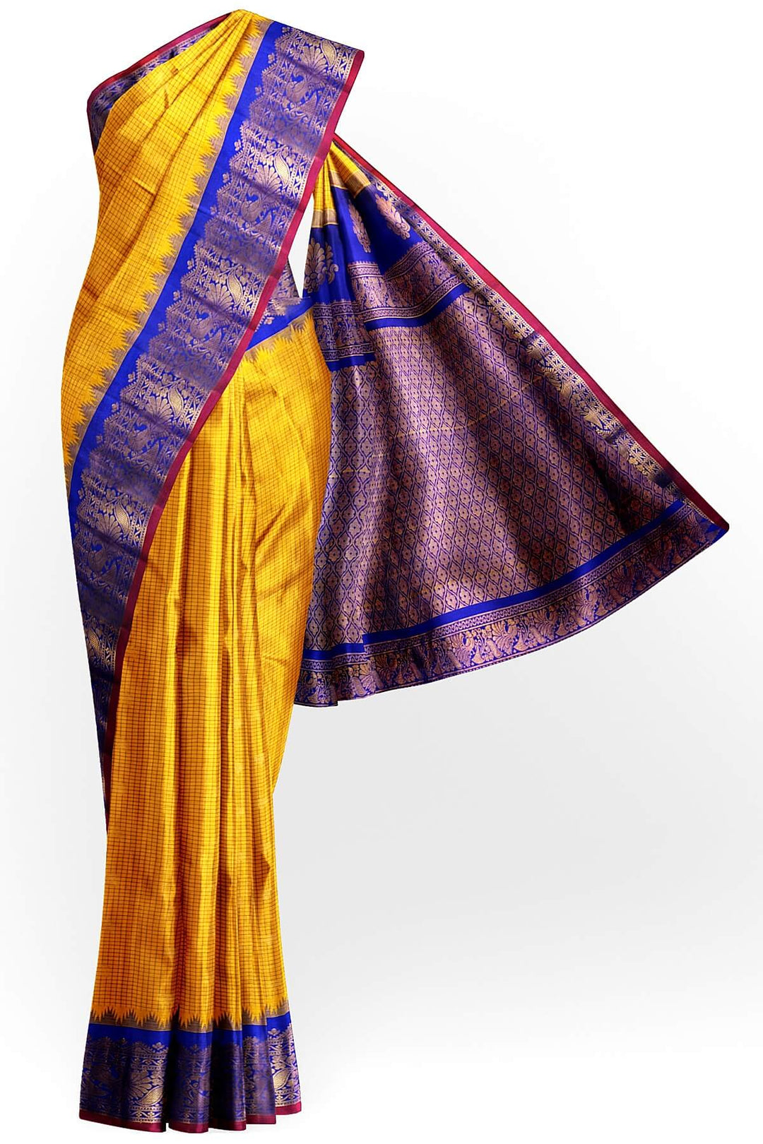 Gadwal pure silk saree in mango yellow in fine checks