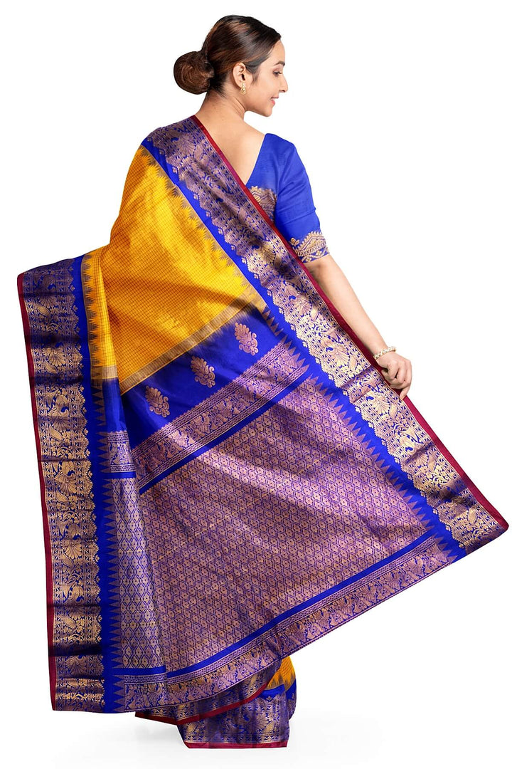 Gadwal pure silk saree in mango yellow in fine checks
