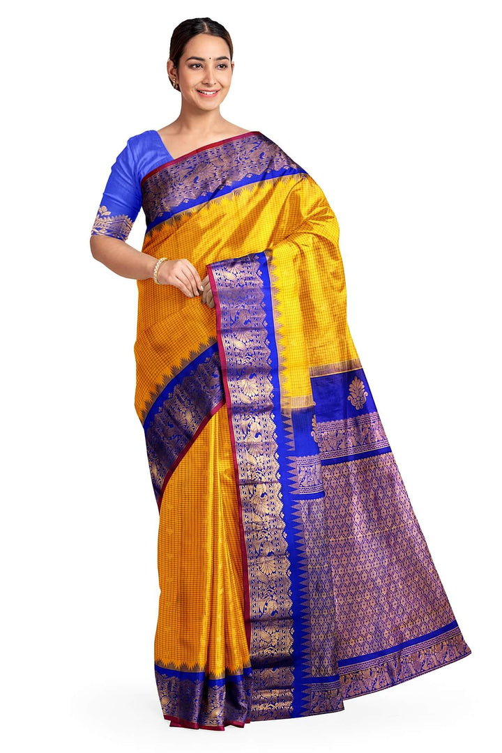 Gadwal pure silk saree in mango yellow in fine checks