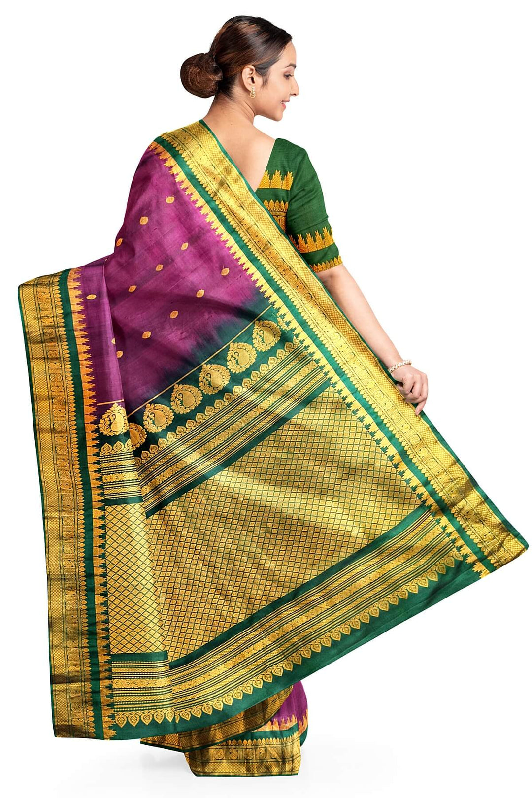 Handwoven Gadwal pure silk saree in  wine with small buttis on the body .