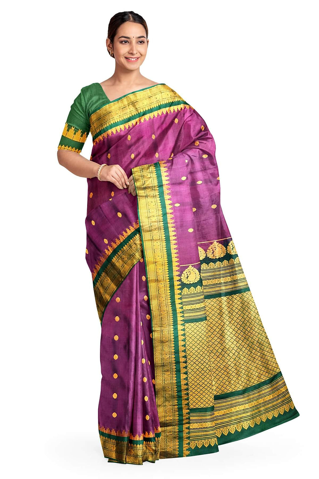 Handwoven Gadwal pure silk saree in  wine with small buttis on the body .
