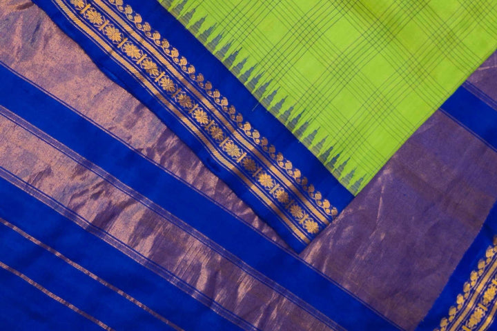 Handwoven Gadwal pure silk saree in light green with stripes & checks