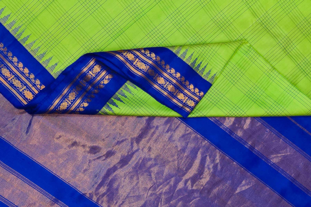 Handwoven Gadwal pure silk saree in light green with stripes & checks