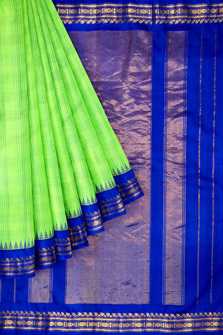 Handwoven Gadwal pure silk saree in light green with stripes & checks