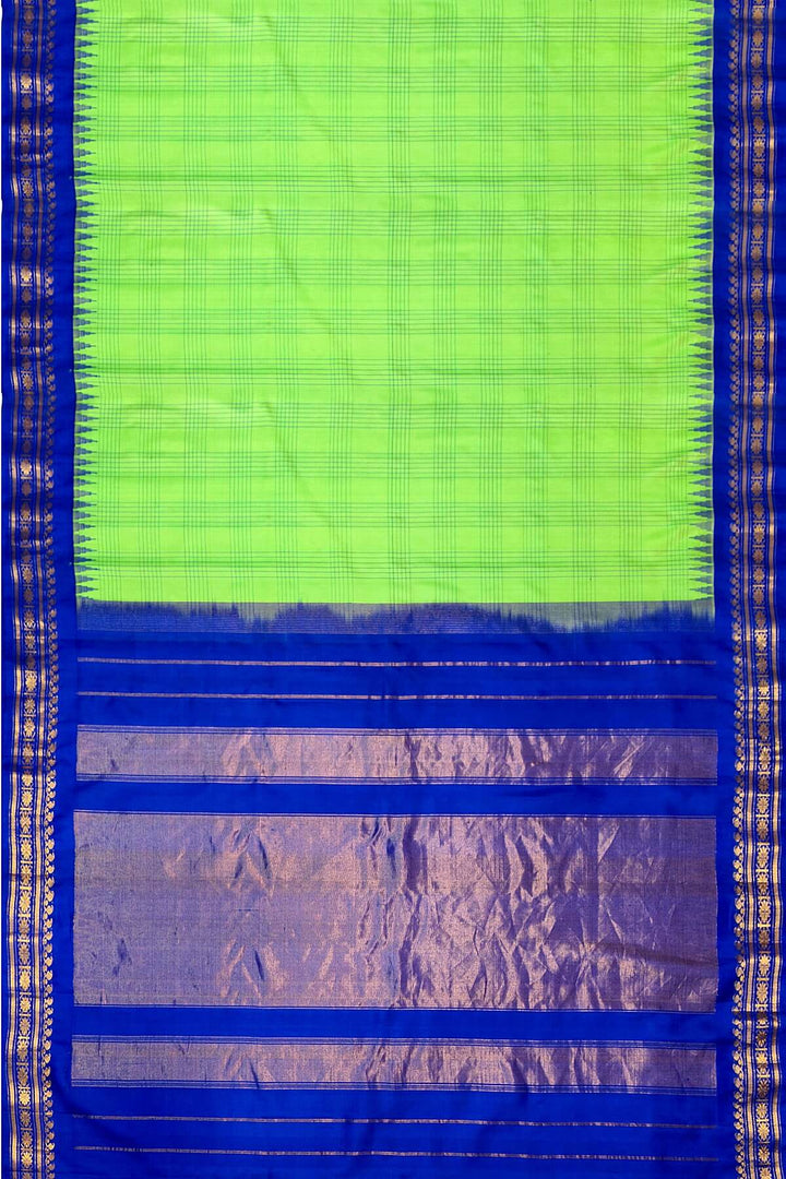 Handwoven Gadwal pure silk saree in light green with stripes & checks