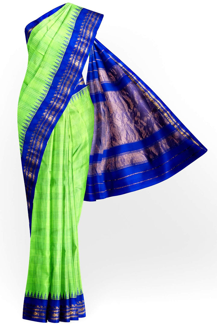 Handwoven Gadwal pure silk saree in light green with stripes & checks