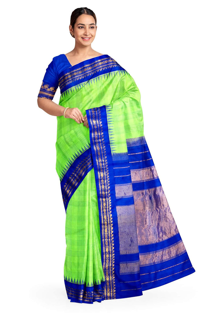 Handwoven Gadwal pure silk saree in light green with stripes & checks