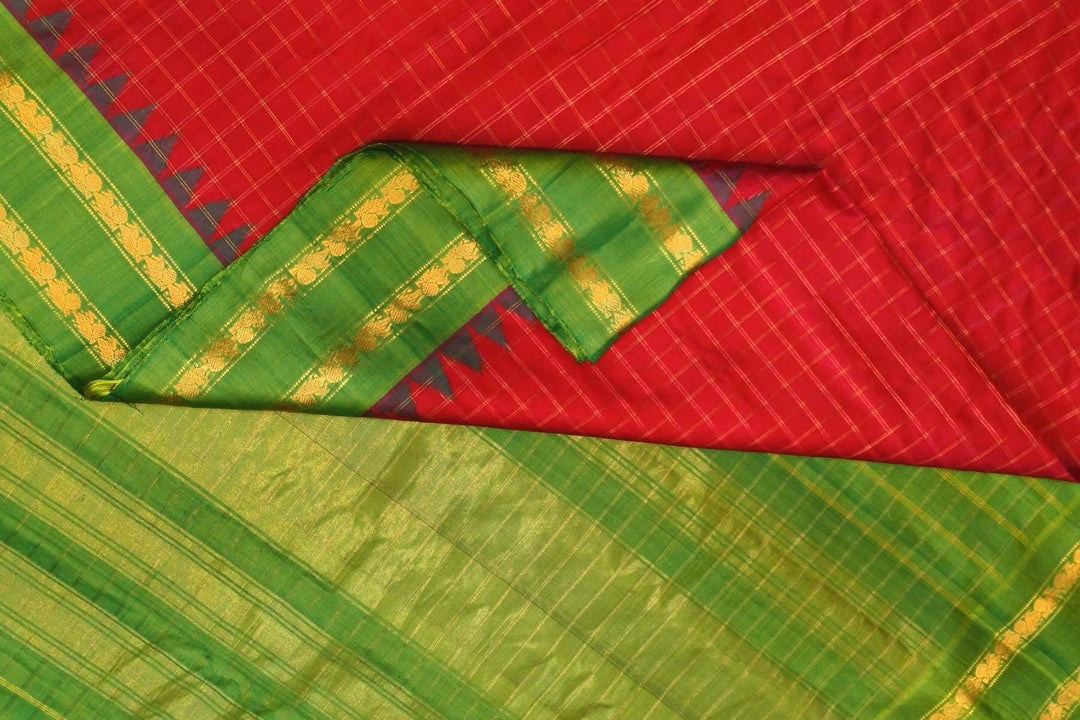 Handwoven Gadwal pure silk saree in red with checks on the body