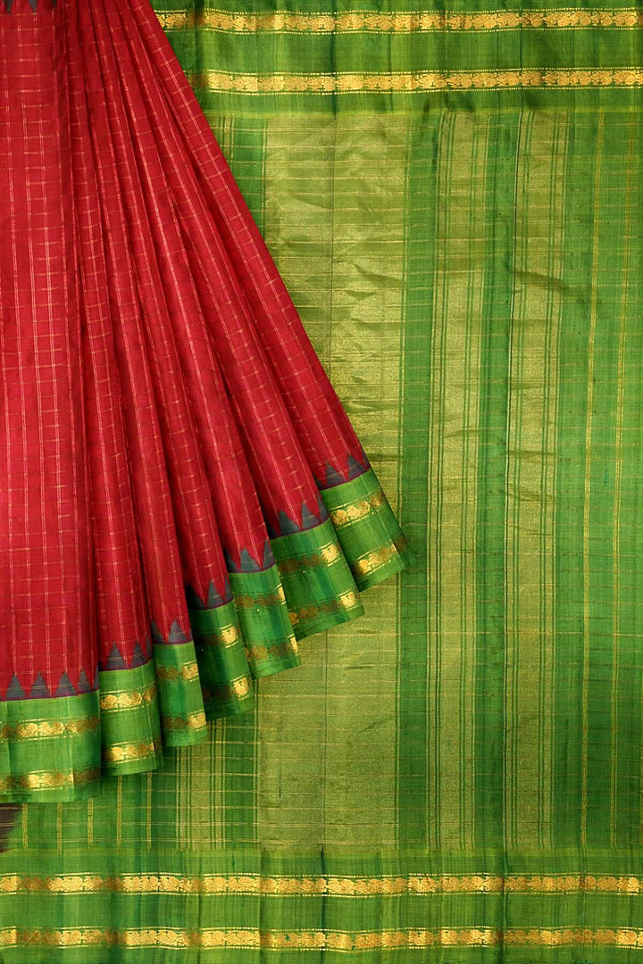 Handwoven Gadwal pure silk saree in red with checks on the body