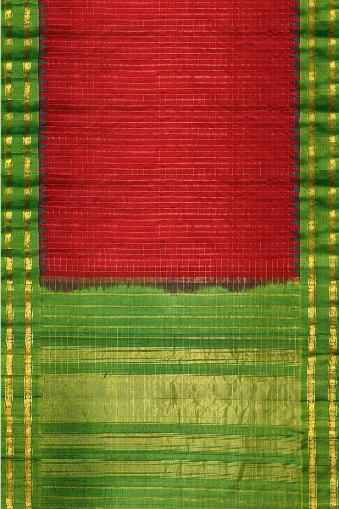 Handwoven Gadwal pure silk saree in red with checks on the body