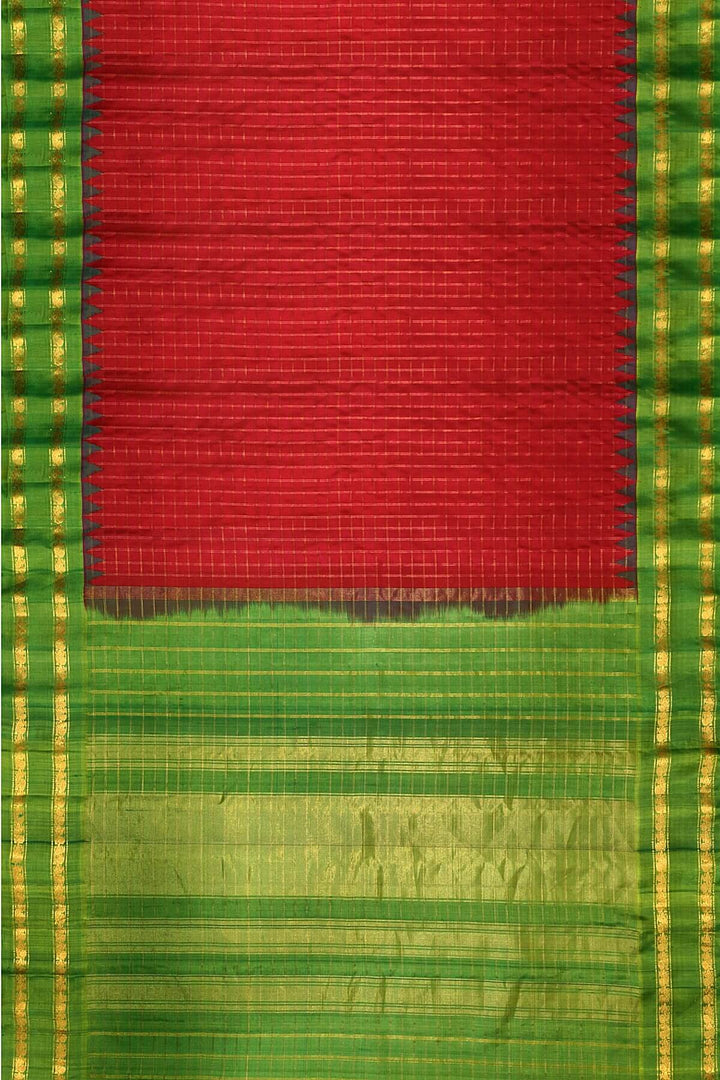 Handwoven Gadwal pure silk saree in red with checks on the body
