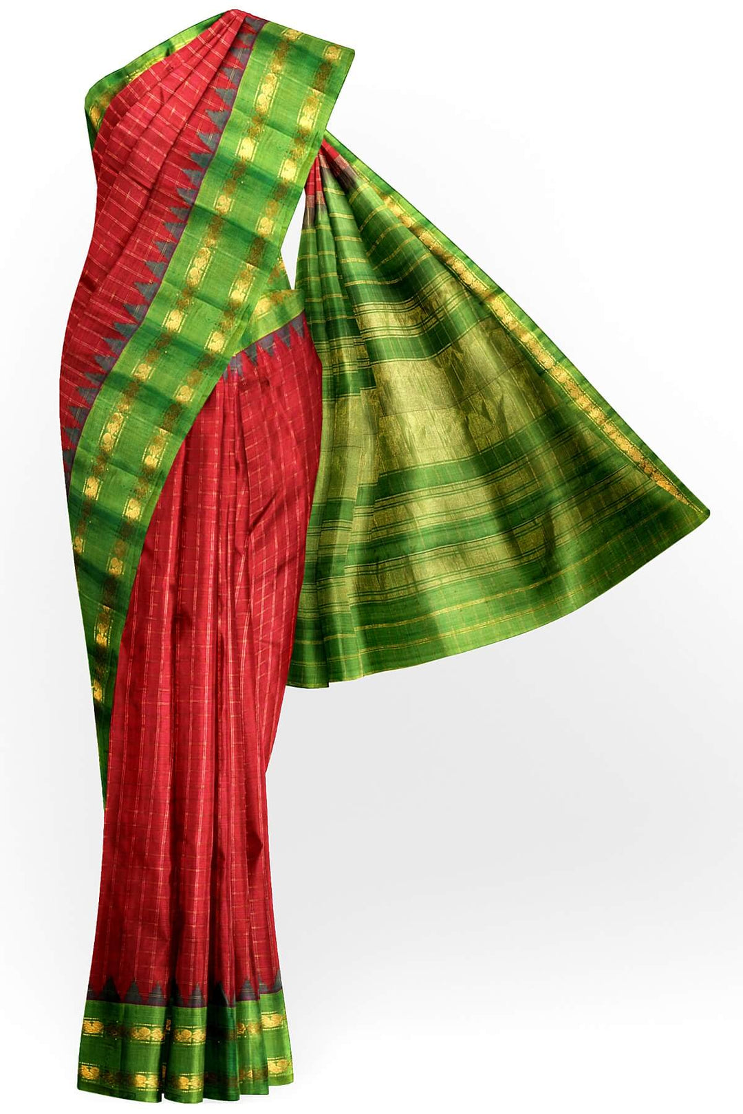Handwoven Gadwal pure silk saree in red with checks on the body