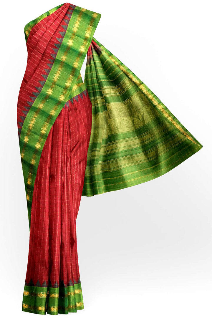 Handwoven Gadwal pure silk saree in red with checks on the body